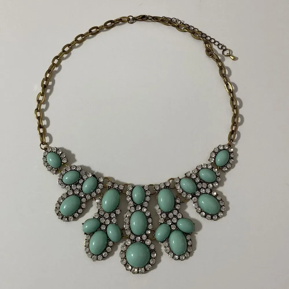 Aqua Mint Turquoise Oval Round Rhinestone Bib Collar Statement Necklace